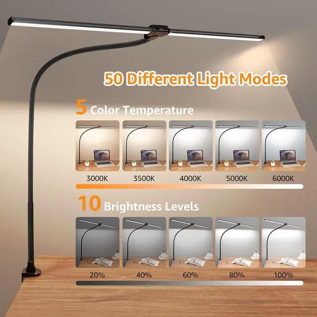 Alt view image 2 of 7 - ShineTech LED Desk Lamp for Home Office, Ultra Bright Clamp Light with Flexible Gooseneck, 25 Lighting Modes, Eye-Caring Architect Lamp for Dual Monitors, Reading & Gaming Setup