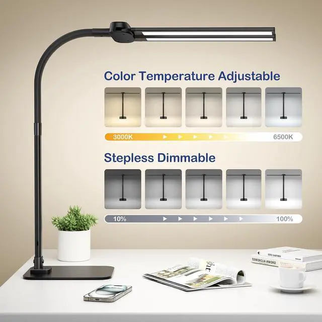 Alt view image 6 of 7 - Desk Lamp with USB Charging Port for Home Office 24w Architect Remote Base Dual Task Led Light Modern 5 Color Modes Dimmable Adjustable Gooseneck Double Head Reading Drafting Eye Caring Tall Lamps