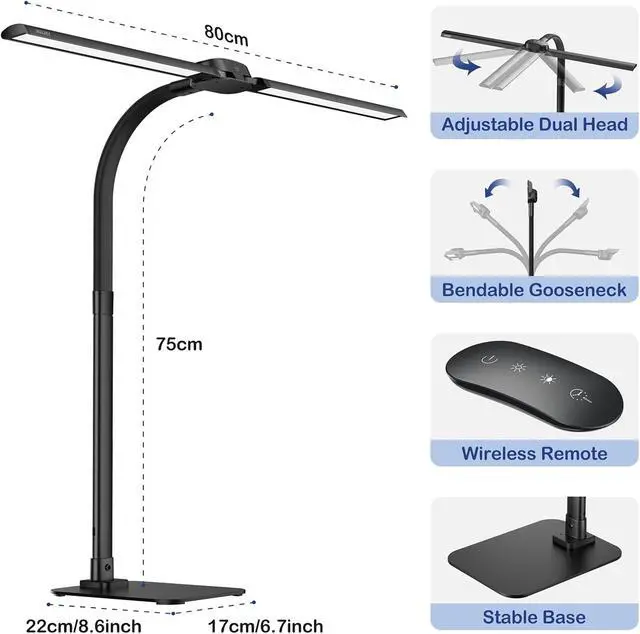 Alt view image 7 of 7 - Desk Lamp with USB Charging Port for Home Office 24w Architect Remote Base Dual Task Led Light Modern 5 Color Modes Dimmable Adjustable Gooseneck Double Head Reading Drafting Eye Caring Tall Lamps