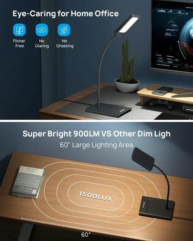 Alt view image 3 of 7 - TROND Desk Lamp, Bright Dimmable Eye-Caring Table Lamp, 3 Color Modes 7 Brightness Levels, Flexible Gooseneck, Touch Control, Memory Function, Desk Light for Home Office Dorm Room Essentials, Black