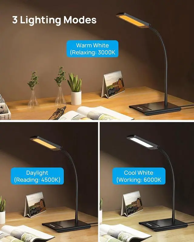 Alt view image 4 of 7 - TROND Desk Lamp, Bright Dimmable Eye-Caring Table Lamp, 3 Color Modes 7 Brightness Levels, Flexible Gooseneck, Touch Control, Memory Function, Desk Light for Home Office Dorm Room Essentials, Black