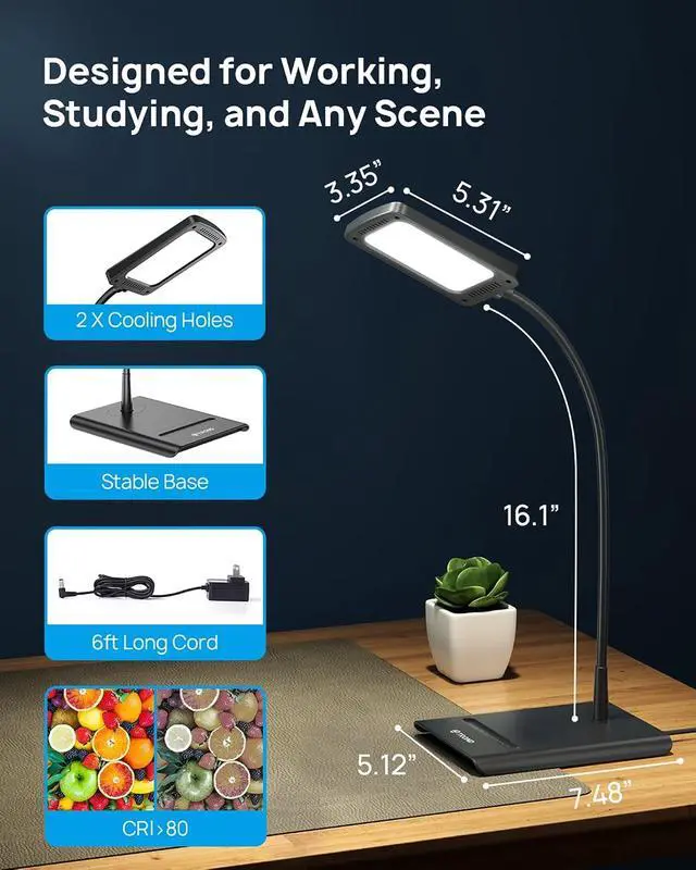 Alt view image 6 of 7 - TROND Desk Lamp, Bright Dimmable Eye-Caring Table Lamp, 3 Color Modes 7 Brightness Levels, Flexible Gooseneck, Touch Control, Memory Function, Desk Light for Home Office Dorm Room Essentials, Black