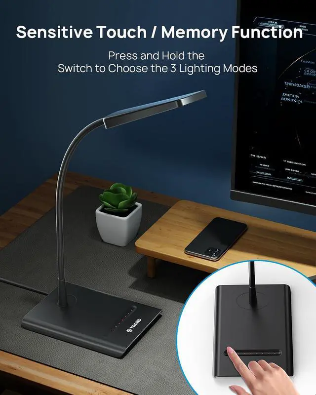 Alt view image 7 of 7 - TROND Desk Lamp, Bright Dimmable Eye-Caring Table Lamp, 3 Color Modes 7 Brightness Levels, Flexible Gooseneck, Touch Control, Memory Function, Desk Light for Home Office Dorm Room Essentials, Black
