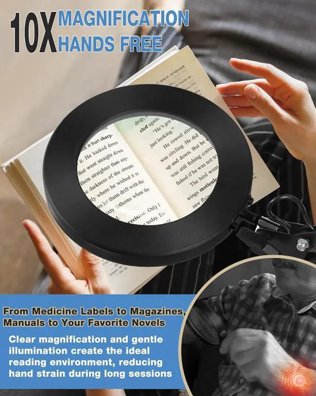 Alt view image 4 of 7 - NOEVSBIG Magnifying Glass Desk Lamp with 3-Section Swing Arm and Big Clamp, Magnifying Glass with Light and Stand, 10X Wide Desk Magnifier Light for Reading/Office/Crafting/Close Work
