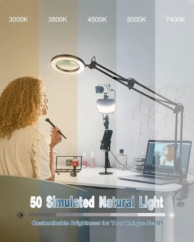 Alt view image 5 of 7 - NOEVSBIG Magnifying Glass Desk Lamp with 3-Section Swing Arm and Big Clamp, Magnifying Glass with Light and Stand, 10X Wide Desk Magnifier Light for Reading/Office/Crafting/Close Work