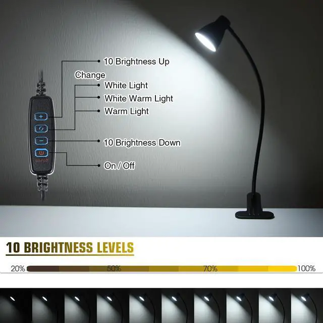 Alt view image 3 of 7 - CRI 90+ Eye-Care Clip Light for Reading, 6W Small Clamp Lamp for Desk, Flexible Gooseneck Clip Lamp for Bed Headboard with 3 Color Modes & 10 Brightness(Adapter Include)
