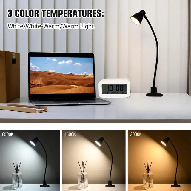 Alt view image 2 of 7 - CRI 90+ Eye-Care Clip Light for Reading, 6W Small Clamp Lamp for Desk, Flexible Gooseneck Clip Lamp for Bed Headboard with 3 Color Modes & 10 Brightness(Adapter Include)