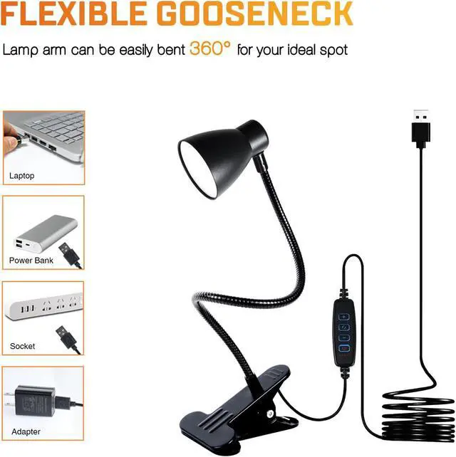 Alt view image 5 of 7 - CRI 90+ Eye-Care Clip Light for Reading, 6W Small Clamp Lamp for Desk, Flexible Gooseneck Clip Lamp for Bed Headboard with 3 Color Modes & 10 Brightness(Adapter Include)