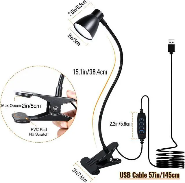 Alt view image 7 of 7 - CRI 90+ Eye-Care Clip Light for Reading, 6W Small Clamp Lamp for Desk, Flexible Gooseneck Clip Lamp for Bed Headboard with 3 Color Modes & 10 Brightness(Adapter Include)