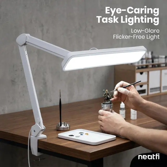 Alt view image 3 of 7 - Neatfi XL 2,500 Lumens 30W LED Task Lamp for Manicure Table, Crafts, Workbench, Office 22 Wide Shade Desk Light | Eye-Caring 6500K | 4-Level Brightness (White, Non-CCT with Clamp)