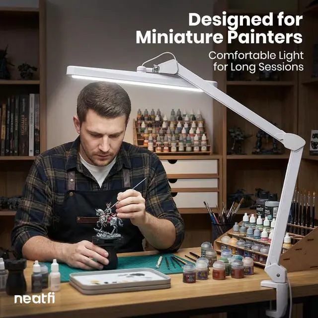 Alt view image 2 of 7 - Neatfi XL 2,500 Lumens 30W LED Task Lamp for Manicure Table, Crafts, Workbench, Office 22 Wide Shade Desk Light | Eye-Caring 6500K | 4-Level Brightness (White, Non-CCT with Clamp)