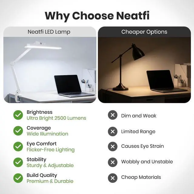 Alt view image 5 of 7 - Neatfi XL 2,500 Lumens 30W LED Task Lamp for Manicure Table, Crafts, Workbench, Office 22 Wide Shade Desk Light | Eye-Caring 6500K | 4-Level Brightness (White, Non-CCT with Clamp)