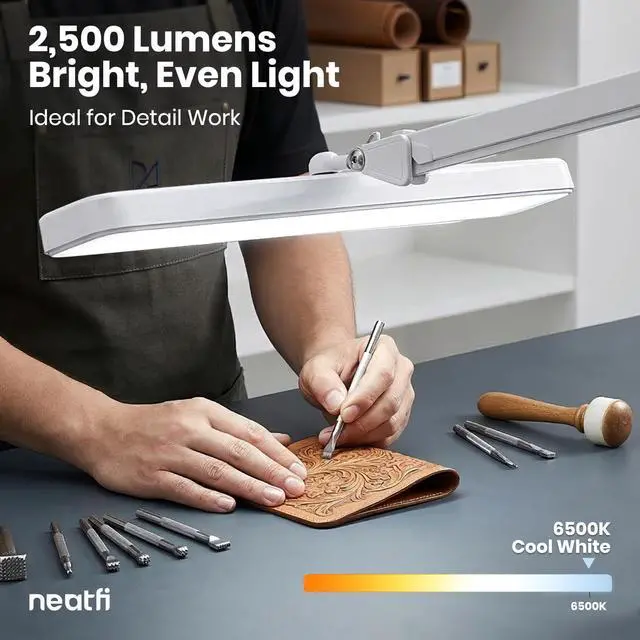 Alt view image 6 of 7 - Neatfi XL 2,500 Lumens 30W LED Task Lamp for Manicure Table, Crafts, Workbench, Office 22 Wide Shade Desk Light | Eye-Caring 6500K | 4-Level Brightness (White, Non-CCT with Clamp)
