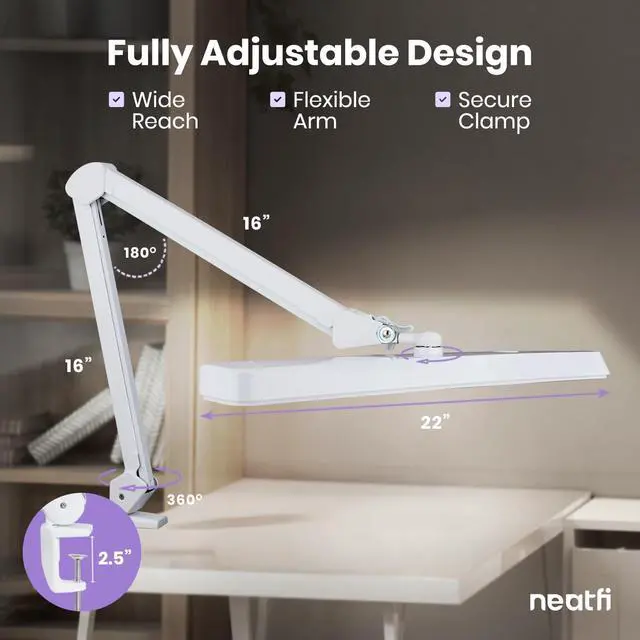 Alt view image 7 of 7 - Neatfi XL 2,500 Lumens 30W LED Task Lamp for Manicure Table, Crafts, Workbench, Office 22 Wide Shade Desk Light | Eye-Caring 6500K | 4-Level Brightness (White, Non-CCT with Clamp)