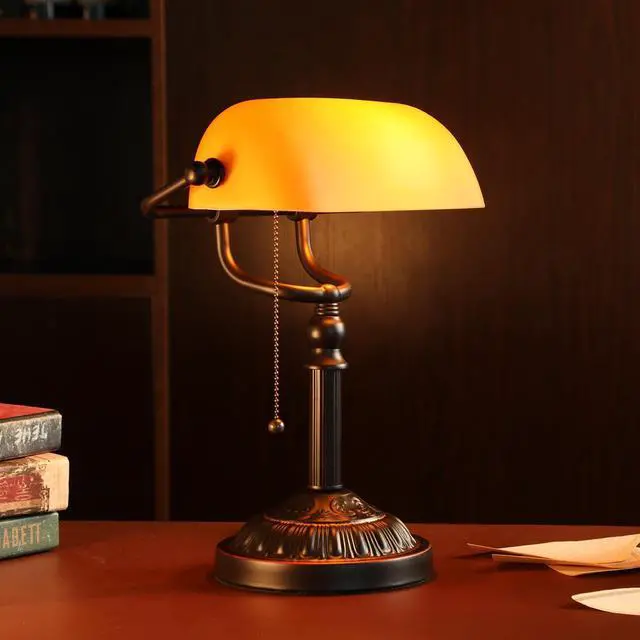 Alt view image 5 of 7 - TORCHSTAR Amber Glass Bankers Desk Lamp with Pull Chain, E26 Base | Retro Weighted Base, Antique Traditional Library Lamp for Office Study Room, Bulbs not Included