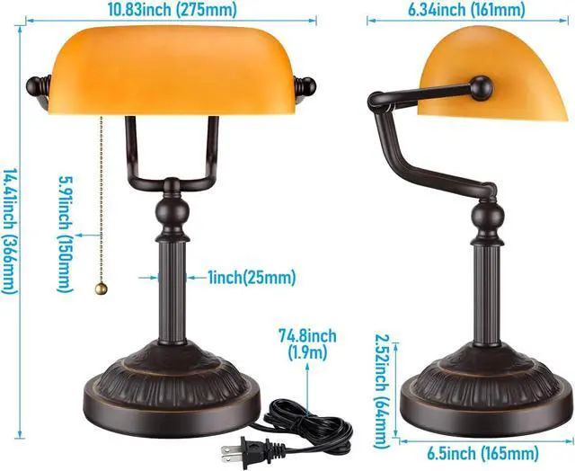 Alt view image 7 of 7 - TORCHSTAR Amber Glass Bankers Desk Lamp with Pull Chain, E26 Base | Retro Weighted Base, Antique Traditional Library Lamp for Office Study Room, Bulbs not Included