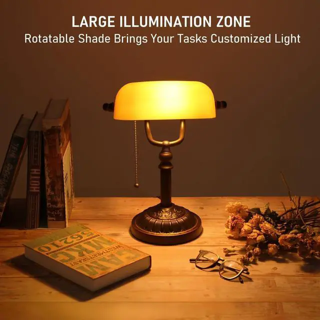 Alt view image 4 of 7 - TORCHSTAR Amber Glass Bankers Desk Lamp with Pull Chain, E26 Base | Retro Weighted Base, Antique Traditional Library Lamp for Office Study Room, Bulbs not Included