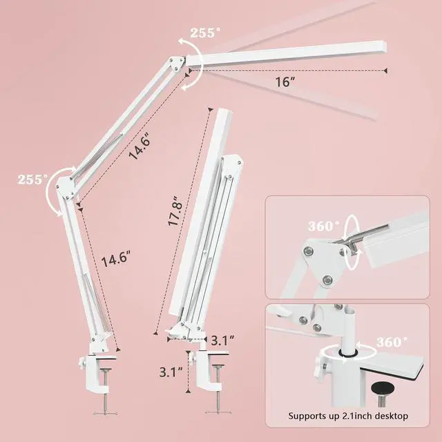 Alt view image 2 of 7 - LED Desk Lamp, Manicure Table Lamp, 16" Lamp Head, Dimmable Eye-Caring Drafting Light with 3 Color Modes, 10 Brightness Levels & Adapter, Memory Function(White)