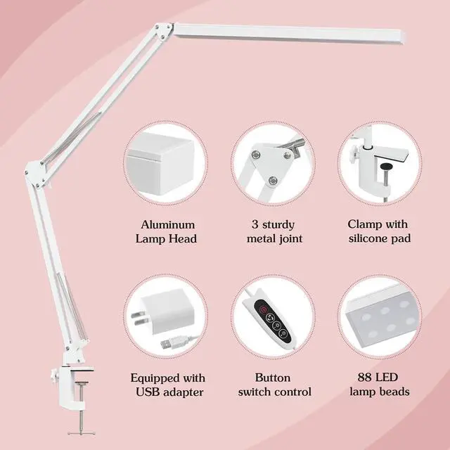 Alt view image 3 of 7 - LED Desk Lamp, Manicure Table Lamp, 16" Lamp Head, Dimmable Eye-Caring Drafting Light with 3 Color Modes, 10 Brightness Levels & Adapter, Memory Function(White)