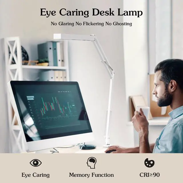 Alt view image 5 of 7 - LED Desk Lamp, Manicure Table Lamp, 16" Lamp Head, Dimmable Eye-Caring Drafting Light with 3 Color Modes, 10 Brightness Levels & Adapter, Memory Function(White)