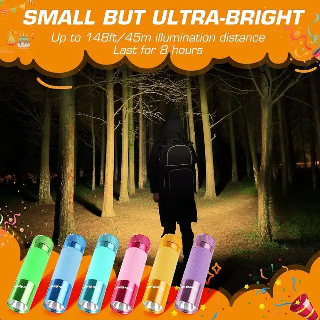 Alt view image 7 of 7 - EverBrite 6-Pack Mini Flashlights, Glow in Dark Flashlights, Aluminum LED Flashlights Party Favors Assorted Colors for Camping, Hiking, Indoor, 18XAAA Batteries Included