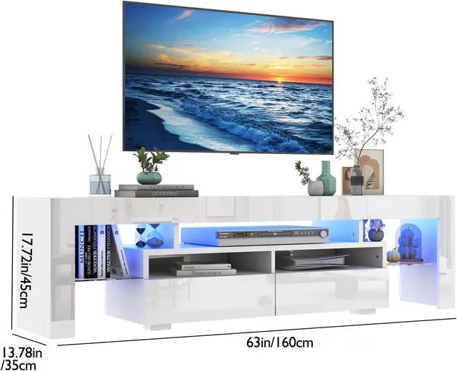 Alt view image 2 of 6 - Vinctik 6&Fox LED TV White Stand for 55/60/65inch TV,Modern Entertainment Center with 2 Storage Drawers and LED Light, High Glossy TV Console,TV Table Media Furniture (63inch, White 1)