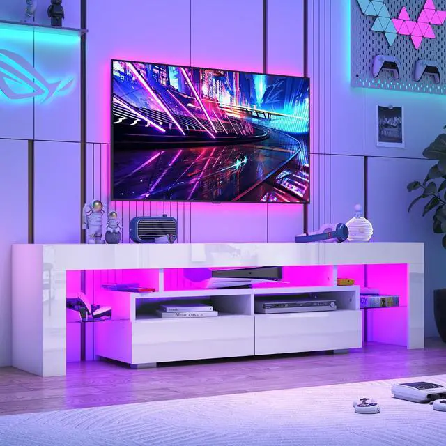 Main image of Vinctik 6&Fox LED TV White Stand for 55/60/65inch TV,Modern Entertainment Center with 2 Storage Drawers and LED Light, High Glossy TV Console,TV Table Media Furniture (63inch, White 1)