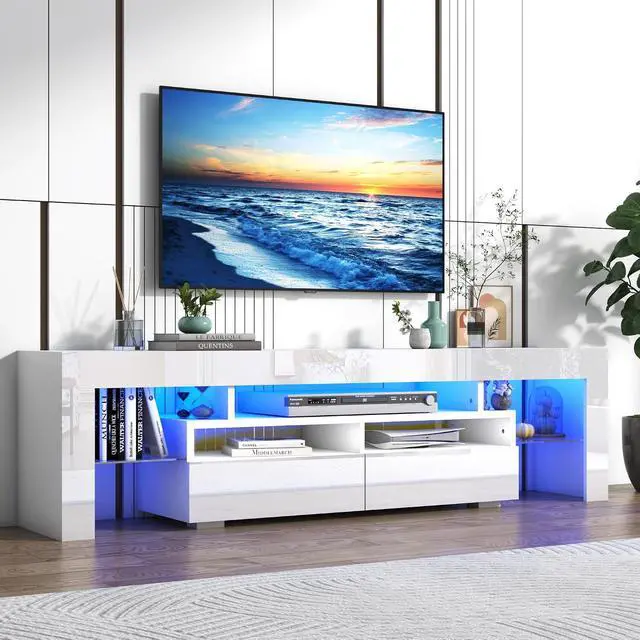 Alt view image 3 of 6 - Vinctik 6&Fox LED TV White Stand for 55/60/65inch TV,Modern Entertainment Center with 2 Storage Drawers and LED Light, High Glossy TV Console,TV Table Media Furniture (63inch, White 1)