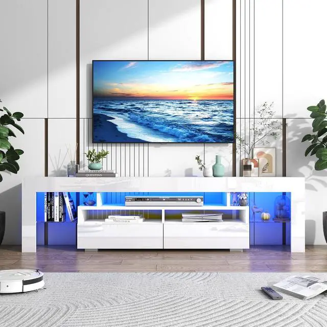 Alt view image 4 of 6 - Vinctik 6&Fox LED TV White Stand for 55/60/65inch TV,Modern Entertainment Center with 2 Storage Drawers and LED Light, High Glossy TV Console,TV Table Media Furniture (63inch, White 1)