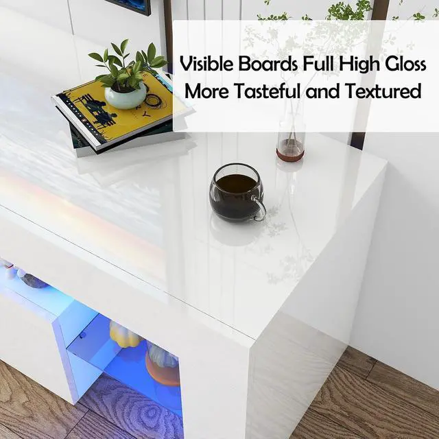 Alt view image 6 of 6 - Vinctik 6&Fox LED TV White Stand for 55/60/65inch TV,Modern Entertainment Center with 2 Storage Drawers and LED Light, High Glossy TV Console,TV Table Media Furniture (63inch, White 1)