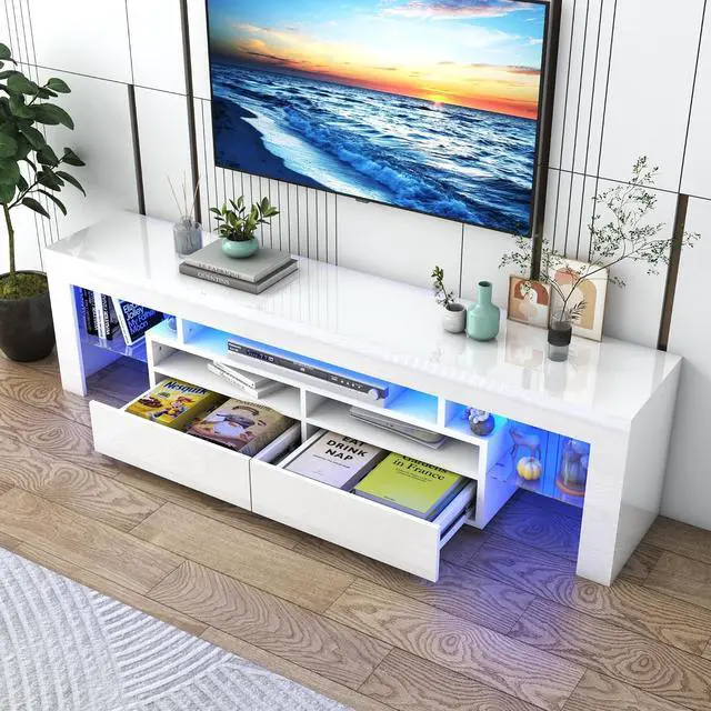Alt view image 5 of 6 - Vinctik 6&Fox LED TV White Stand for 55/60/65inch TV,Modern Entertainment Center with 2 Storage Drawers and LED Light, High Glossy TV Console,TV Table Media Furniture (63inch, White 1)