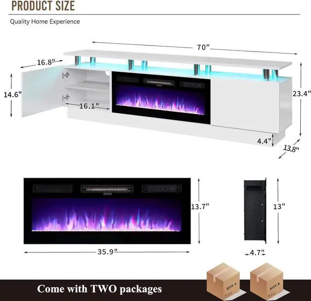 Alt view image 2 of 7 - oneinmil Fireplace TV Stand with 36" Electric Fireplace,LED Light Entertainment Center,2 Tier TV Console Stand for TVs Up to 80",Fireplace for The Living Room TV Stand,White