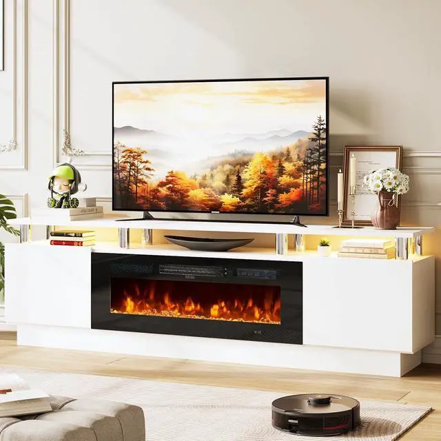 Alt view image 5 of 7 - oneinmil Fireplace TV Stand with 36" Electric Fireplace,LED Light Entertainment Center,2 Tier TV Console Stand for TVs Up to 80",Fireplace for The Living Room TV Stand,White