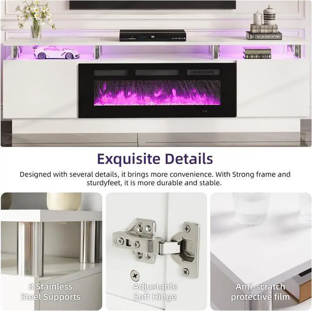 Alt view image 6 of 7 - oneinmil Fireplace TV Stand with 36" Electric Fireplace,LED Light Entertainment Center,2 Tier TV Console Stand for TVs Up to 80",Fireplace for The Living Room TV Stand,White