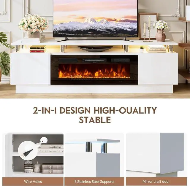 Alt view image 7 of 7 - oneinmil Fireplace TV Stand with 36" Electric Fireplace,LED Light Entertainment Center,2 Tier TV Console Stand for TVs Up to 80",Fireplace for The Living Room TV Stand,White