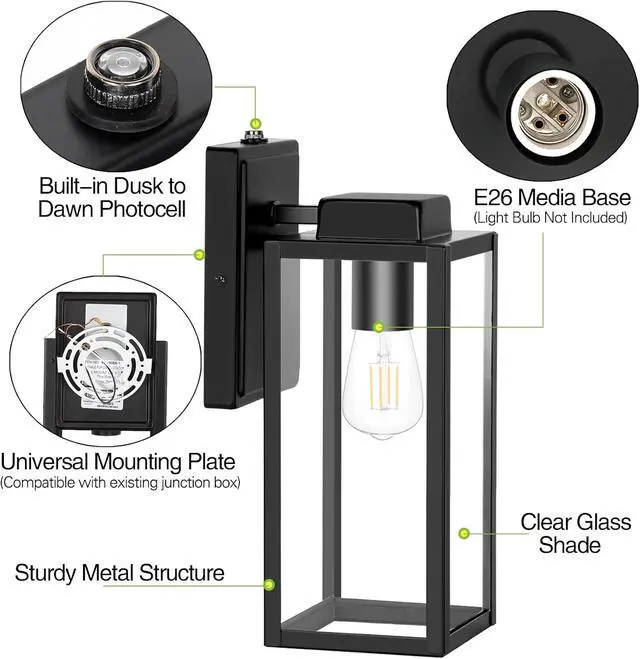 Alt view image 4 of 7 - Large Outdoor Wall Light, 16 Inch Outdoor Wall Lantern, Dusk to Dawn Exterior Waterproof Wall Sconce, Anti-Rust Wall Mounted Lighting with Glass Shade, Matte Black Wall Lamp with E26 Socket for Porch