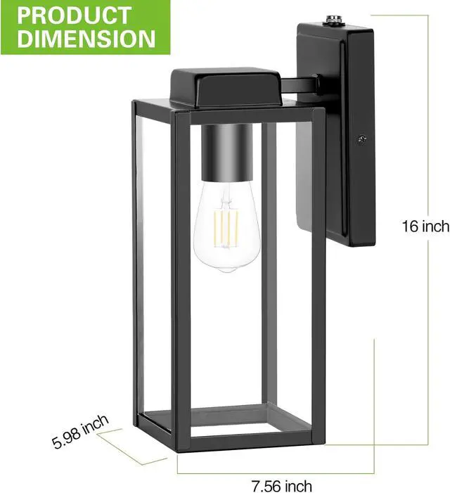 Alt view image 7 of 7 - Large Outdoor Wall Light, 16 Inch Outdoor Wall Lantern, Dusk to Dawn Exterior Waterproof Wall Sconce, Anti-Rust Wall Mounted Lighting with Glass Shade, Matte Black Wall Lamp with E26 Socket for Porch