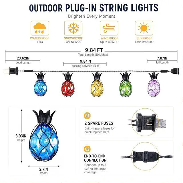 Alt view image 4 of 7 - Vigdur Pineapple String Lights - Outdoor Patio Lights Plug in with 10 Pineapple Bulbs Connectable, Indoor String Light for Bedroom Bistro Tiki Decor(10FT