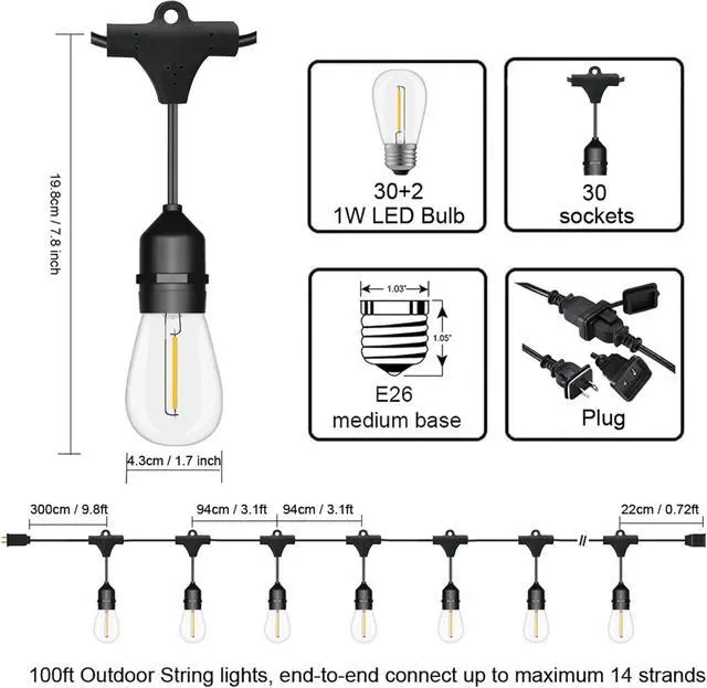 Alt view image 2 of 7 - Outdoor String Lights LED 100FT Commercial Grade Heavy Duty Light String Lights with 30 Sockets 32 Shatterproof Plastic Bulbs Include 2 Spare S14 Dimmable Edison Bulbs Patio Market Cafe Light
