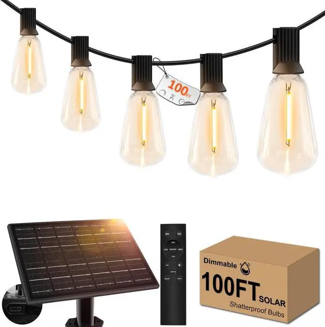 Main image of 100ft Solar Outdoor String Lights with Remote - USB Rechargeable Solar Powered Outdoor Patio Lights, Larger 3.5W Solar Panel , Timer, Dimmable Shatterproof ST38 Bulbs for Backyard, Porch, Garden, Pool