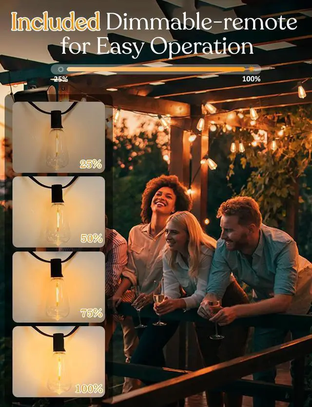 Alt view image 2 of 6 - 100ft Solar Outdoor String Lights with Remote - USB Rechargeable Solar Powered Outdoor Patio Lights, Larger 3.5W Solar Panel , Timer, Dimmable Shatterproof ST38 Bulbs for Backyard, Porch, Garden, Pool