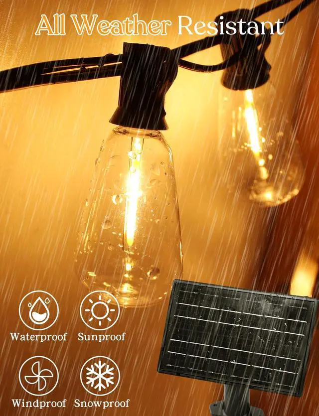 Alt view image 3 of 6 - 100ft Solar Outdoor String Lights with Remote - USB Rechargeable Solar Powered Outdoor Patio Lights, Larger 3.5W Solar Panel , Timer, Dimmable Shatterproof ST38 Bulbs for Backyard, Porch, Garden, Pool