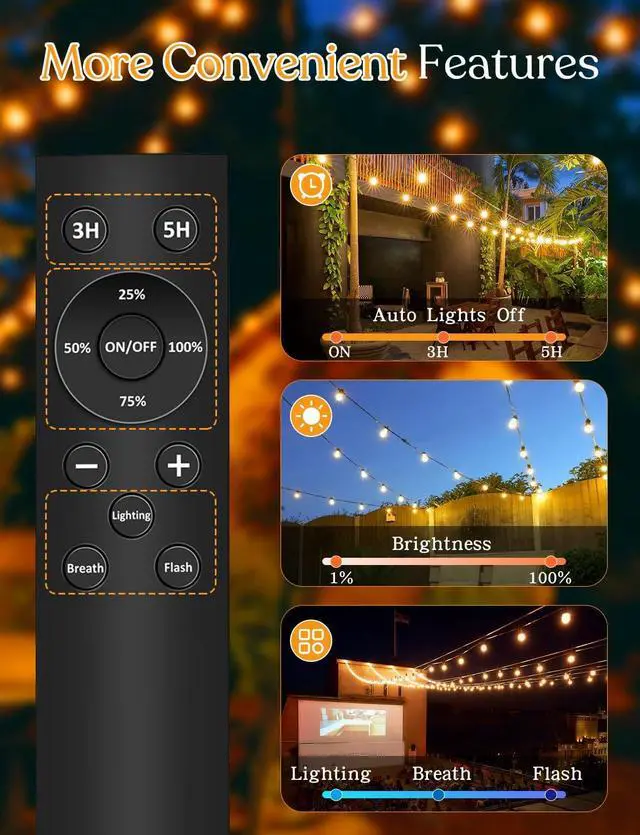 Alt view image 4 of 6 - 100ft Solar Outdoor String Lights with Remote - USB Rechargeable Solar Powered Outdoor Patio Lights, Larger 3.5W Solar Panel , Timer, Dimmable Shatterproof ST38 Bulbs for Backyard, Porch, Garden, Pool