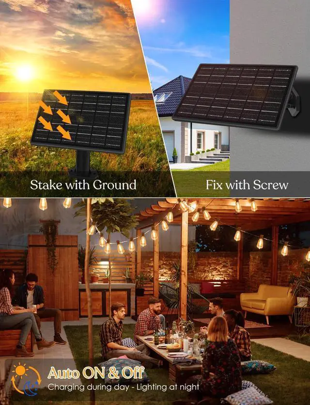 Alt view image 6 of 6 - 100ft Solar Outdoor String Lights with Remote - USB Rechargeable Solar Powered Outdoor Patio Lights, Larger 3.5W Solar Panel , Timer, Dimmable Shatterproof ST38 Bulbs for Backyard, Porch, Garden, Pool