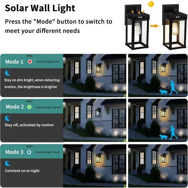 Alt view image 3 of 6 - AEQ Solar Wall Lights Outdoor, Solar Wall Sconce with 3 Lighting Modes & Motion Sensor, Waterproof Porch Light with Clear Panel for Garage Porch Yard Front Door 5.8 x 5.8 x 13.58 in