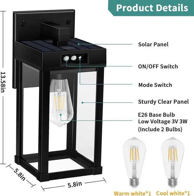 Alt view image 6 of 6 - AEQ Solar Wall Lights Outdoor, Solar Wall Sconce with 3 Lighting Modes & Motion Sensor, Waterproof Porch Light with Clear Panel for Garage Porch Yard Front Door 5.8 x 5.8 x 13.58 in