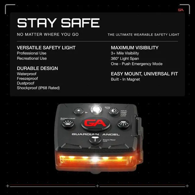 Alt view image 2 of 7 - Guardian Angel Micro Series Safety Lights, Beacon Device (Orange Front & Orange Rear) | Rechargeable, Magnetic, Hands-Free Wearable LED Light for Dog Walking, Cycling, Hiking & Camping