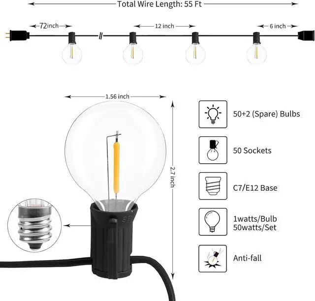 Alt view image 6 of 7 - Brightown Led String Lights Outdoor 55Ft G40 Patio Lights with 52 Led Shatterproof Bulbs(2 Spare), Waterproof Led Globe Hanging Lights for Backyard Porch Bistro Balcony Decor, E12 Socket, 2200K