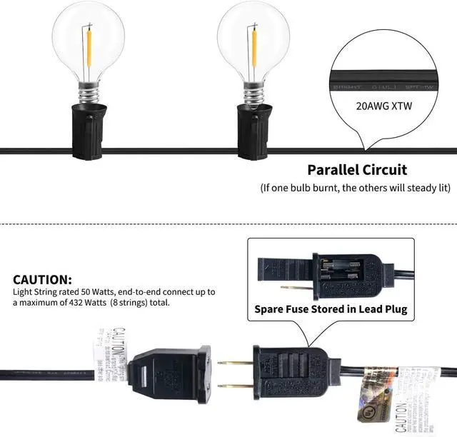 Alt view image 7 of 7 - Brightown Led String Lights Outdoor 55Ft G40 Patio Lights with 52 Led Shatterproof Bulbs(2 Spare), Waterproof Led Globe Hanging Lights for Backyard Porch Bistro Balcony Decor, E12 Socket, 2200K