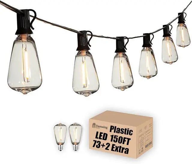 Main image of DAMAING Outdoor String Lights 150 FT Patio Lights String with 75 Dimmable ST38 Plastic LED Bulbs,Vintage Shatterproof Edison String Lights Waterproof for Bistro Balcony Backyard and Gazobos.